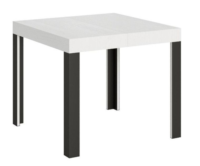 Petite table carrée 90/90 cm extensible 10 personnes 90 à 246 cm blanc et pieds métal gris foncé Liva - Photo n°1
