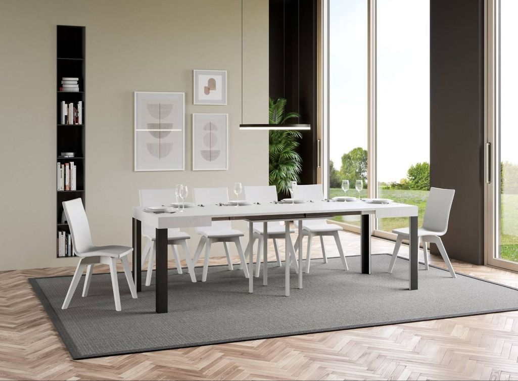 Petite table carrée 90/90 cm extensible 10 personnes 90 à 246 cm blanc et pieds métal gris foncé Liva - Photo n°3