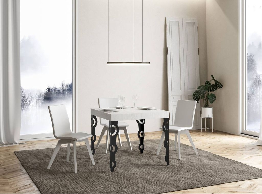 Petite table carrée 90x90 cm extensible 10 personnes 90 à 246 cm blanc et pieds métal anthracite Kazay - Photo n°4