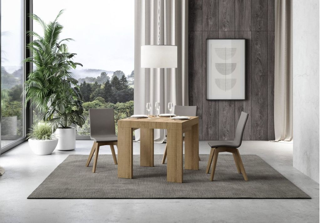 Petite table extensible carrée bois clair et pieds métal anthracite 90 à  246cm Konta