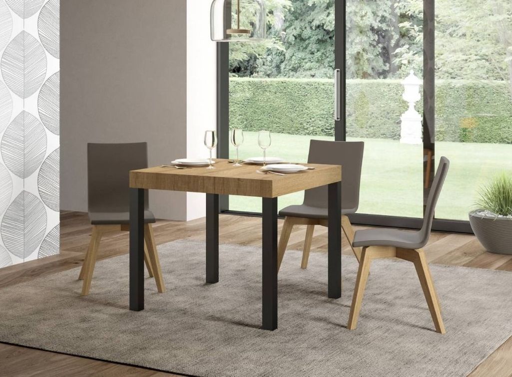 Petite table carrée extensible 90x90/246 cm bois clair et métal anthracite Karry - Photo n°2