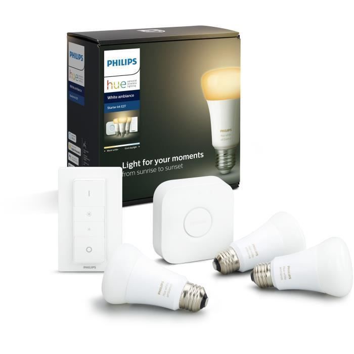 PHILIPS HUE Kit de démarrage White Ambiance 3 ampoules avec pont de connexion et télécommande variateur - 10 W - E27 - Photo n°1