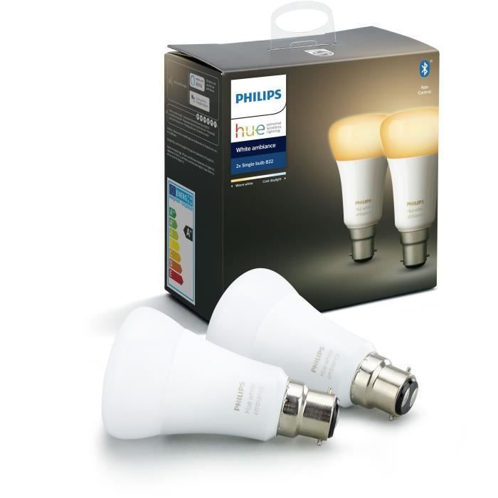 PHILIPS HUE Pack de 2 ampoules White Ambiance - 9,5 W - B22 - Bluetooth - Photo n°1