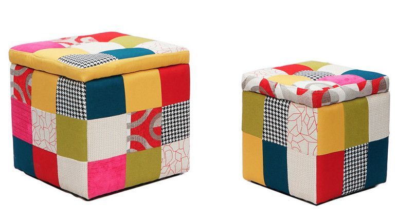 Pouf patchwork avec coffre de rangement - Lot de 2 - Photo n°1