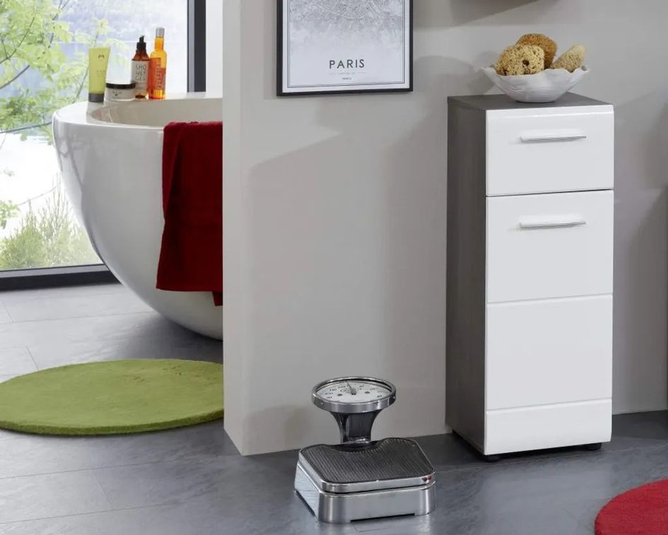 Rangement salle de bain 1 porte 1 tiroir mélaminé blanc et gris Bezzi - Photo n°2
