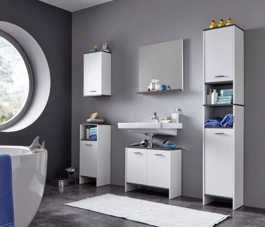 Rangement salle de bain 1 porte mélaminé blanc mat et gris Dufay - Photo n°5