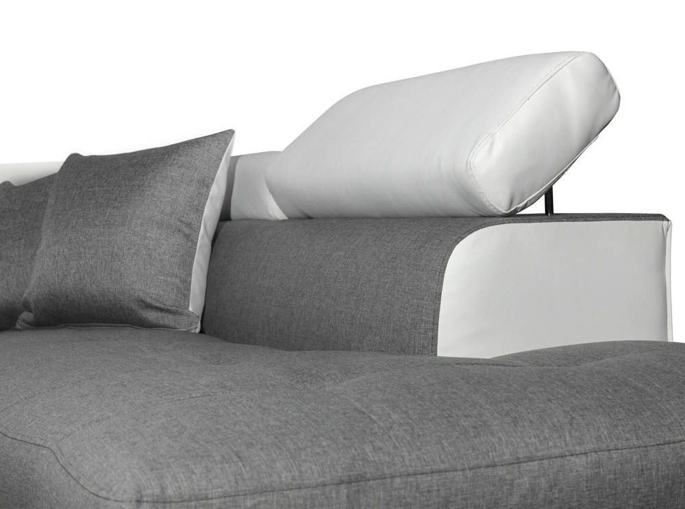 Canapé d'angle gauche convertible avec appuis têtes tissu gris et simili blanc Mio 275 cm - Photo n°4