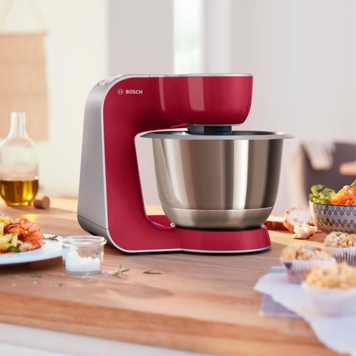 Robot de cuisine - BOSCH Kitchen machine MUM5 - Rouge foncé/silver - 1000W-7 vitesses+pulse - Bol mélangeur inox 3,9L - Photo n°2