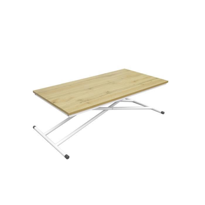 SAMANTHA Table Up and Down - Pieds métal blanc et décor chene naturel - L 110 x P 60 x H 39-75 cm - Photo n°1