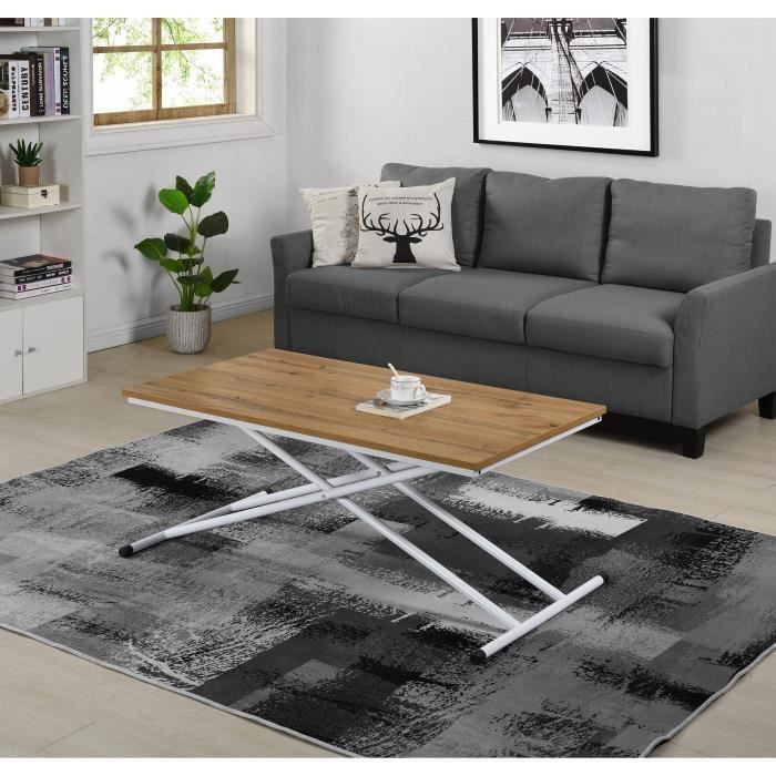 SAMANTHA Table Up and Down - Pieds métal blanc et décor chene naturel - L 110 x P 60 x H 39-75 cm - Photo n°3