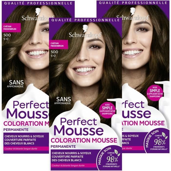 SCHWARZKOPF Perfect Mousse - Coloration Cheveux - Mousse permanente sans Ammoniaque - Châtain 500 - Lot de 3 - Photo n°1