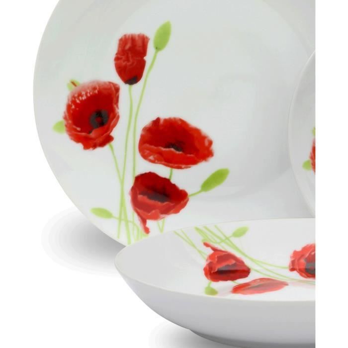 Service de Table 18 pieces en porcelaine Coquelicot rouge et blanc - Photo n°2