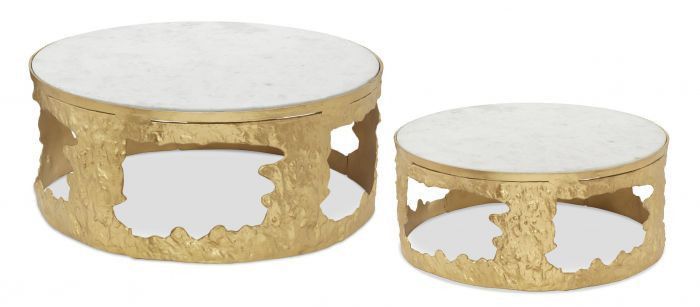 Set de 2 tables basses marbre blanc et métal doré Melton D 80/D 60 cm - Photo n°1