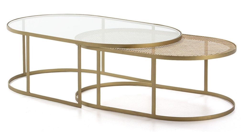 Set de 2 tables basses ovales verre transparent rotin naturel et métal doré 130/110 cm - Photo n°1