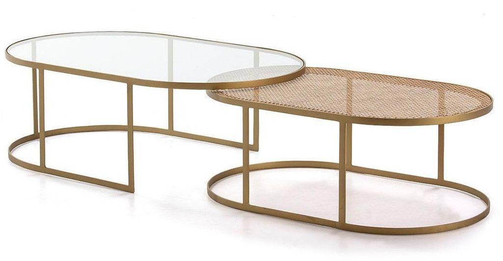 Set de 2 tables basses ovales verre transparent rotin naturel et métal doré 130/110 cm - Photo n°2