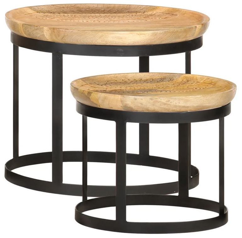 Set de 2 tables d'appoint manguier massif clair et pieds métal noir Kish - Photo n°1