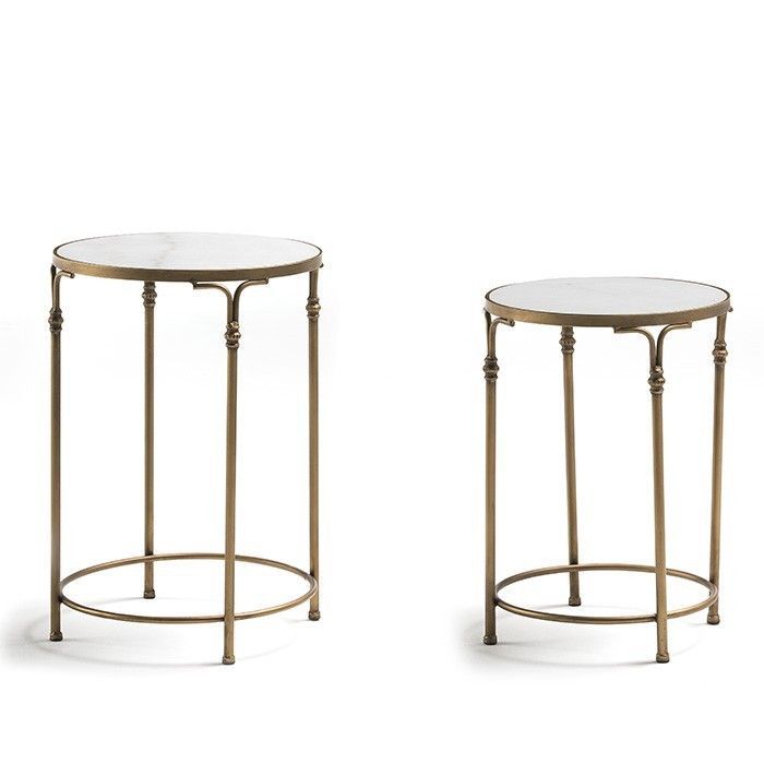 Set de 2 tables d'appoint marbre blanc et métal doré Gena - Photo n°1