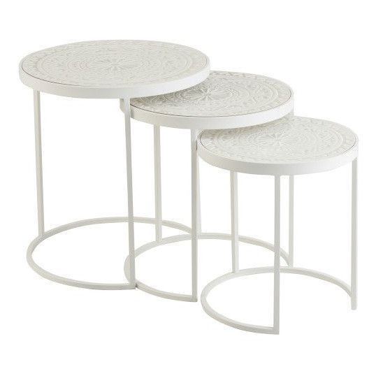 Set de 3 tables d'appoint bois blanc et métal Omani - Photo n°1