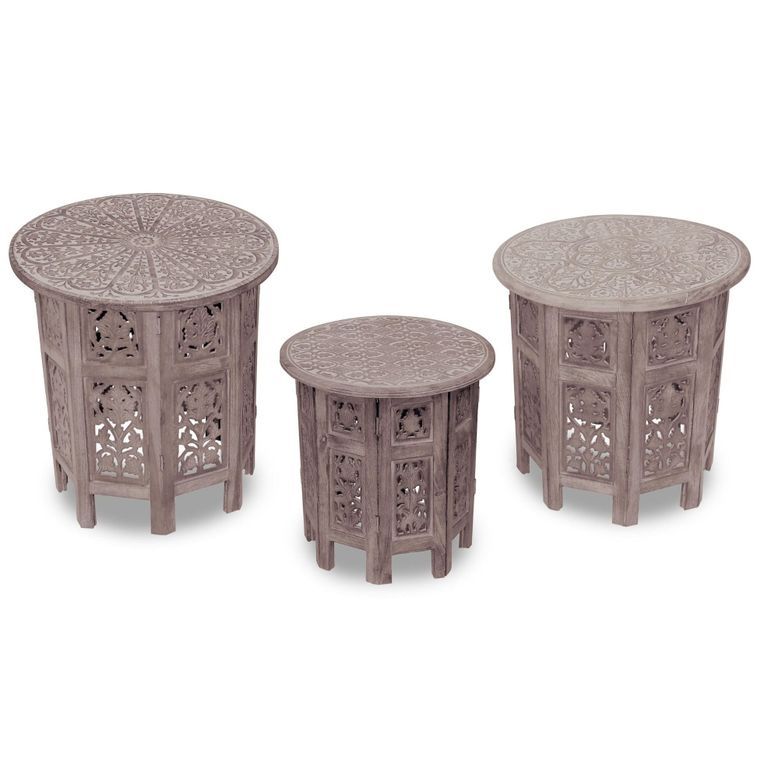 Set de 3 tables d'appoint bois massif marron sculpté Akanj - Photo n°1