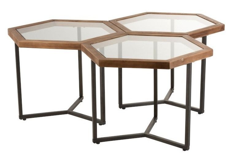 Set de 3 tables d'appoint verre et bois massif Jam L 124 cm - Photo n°1