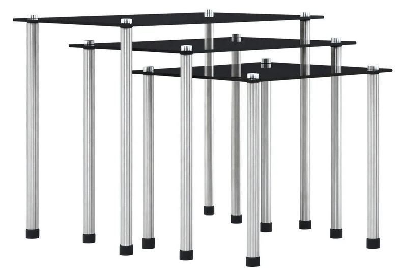 Set de 3 tables gigognes verre trempé noir et pieds métal gris Rosi - Photo n°1