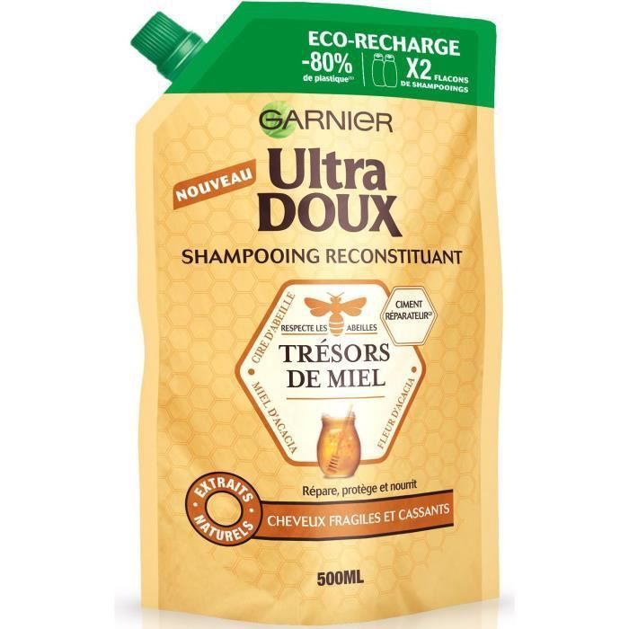 Shampoing Ultra Doux Garnier Cheveux abîmés Miel de fleur d'acacia et d'abeille Eco-Recharge de 500 ml - Photo n°1