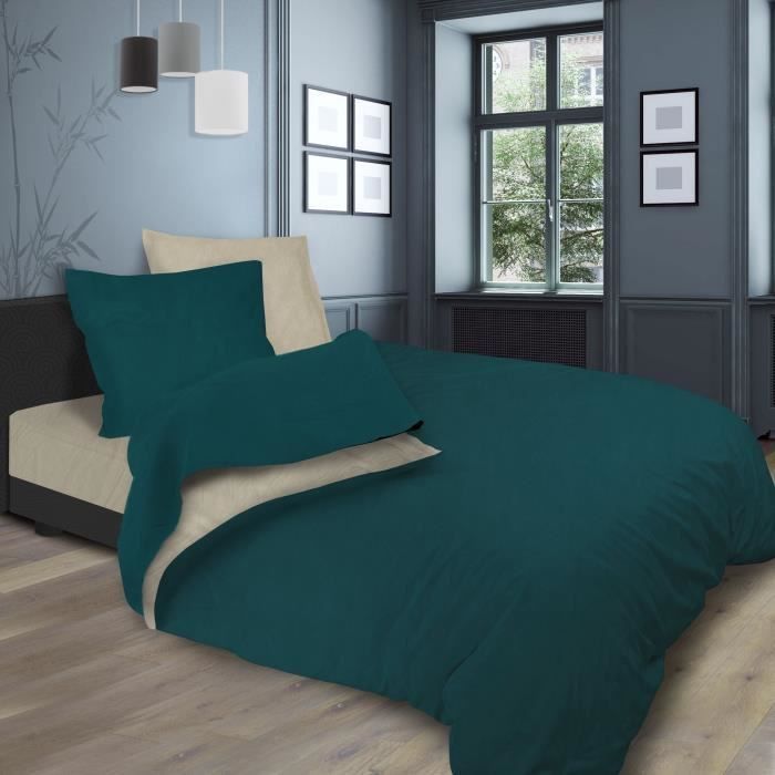 SOLEIL d'OCRE Parure de lit bicolore - Coton lavé - 240 x 290 cm - Bleu canard et écru - Photo n°1