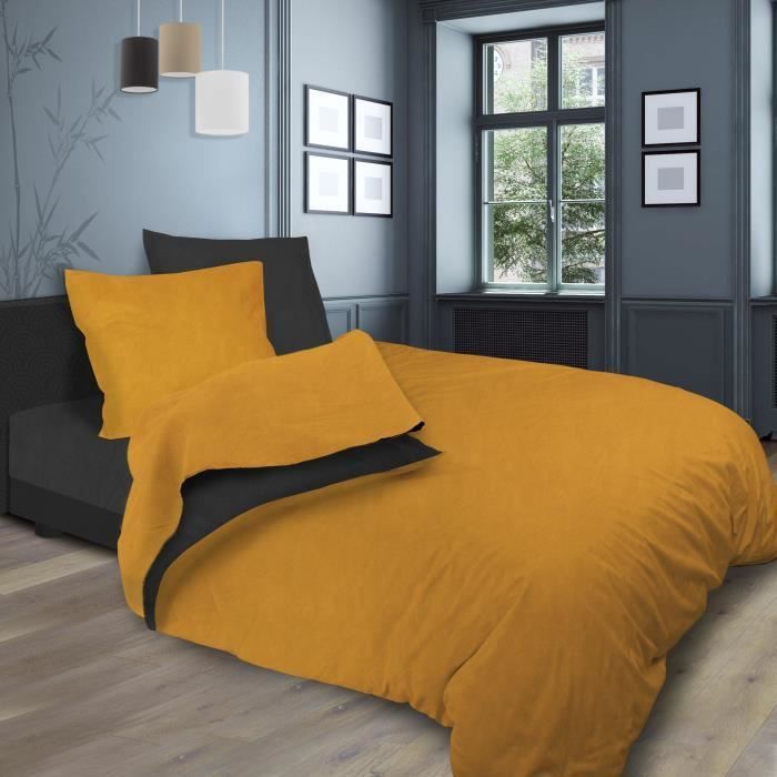 SOLEIL d'OCRE Parure de lit bicolore - Coton lavé - 240 x 290 cm - Jaune moutarde et gris anthracite - Photo n°1