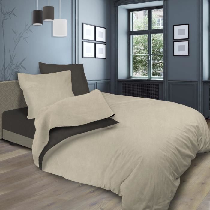 SOLEIL d'OCRE Parure de lit bicolore - Coton lavé - 240 x 290 cm - Lin et taupe - Photo n°1