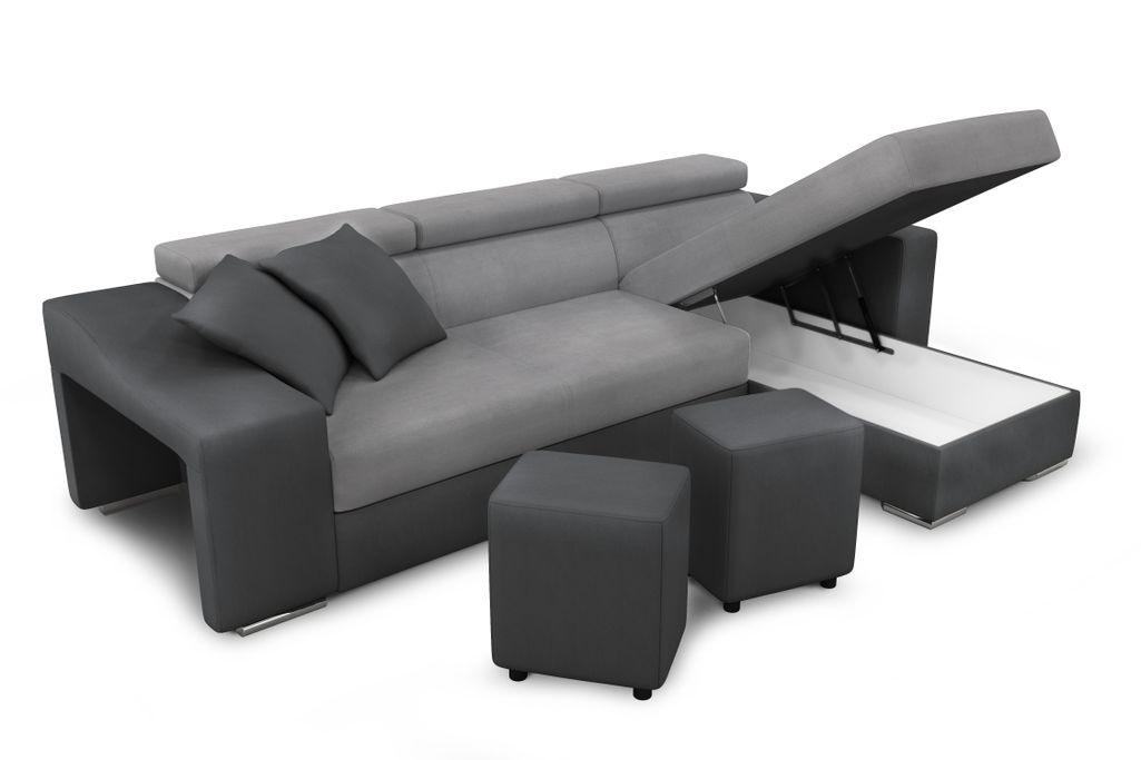 Canapé d'angle convertible angle droit et 2 poufs simili noir et microfibre gris Cadiac 264 cm - Photo n°9
