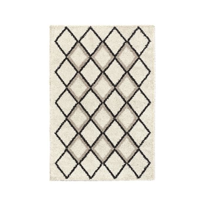 SUZAN Tapis de salon Shaggy - Style berbere - 150 x 220 cm - Creme et gris - Motif géométrique - Photo n°1