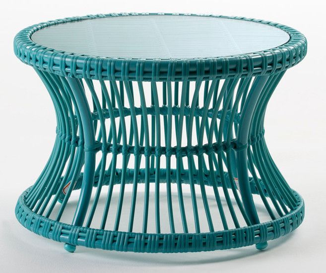 Table à café de jardin ronde verre et rotin synthétique bleu Maku - Photo n°1