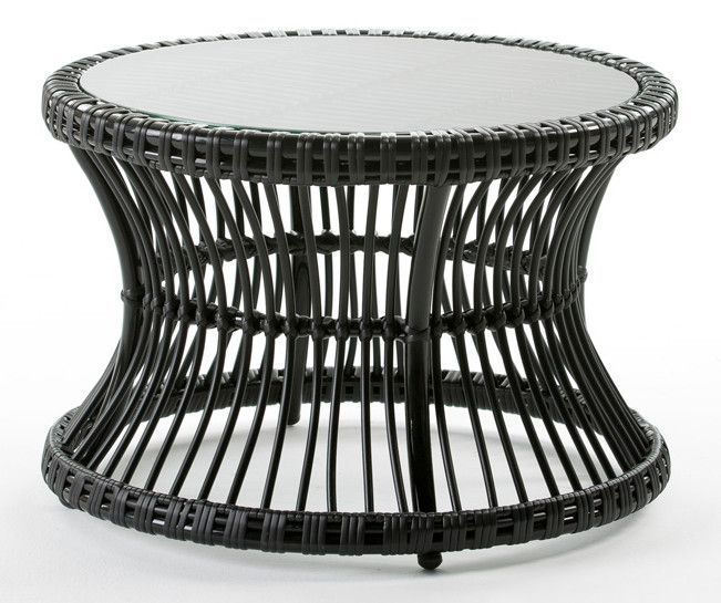 Table à café de jardin ronde verre et rotin synthétique noir Maku - Photo n°1
