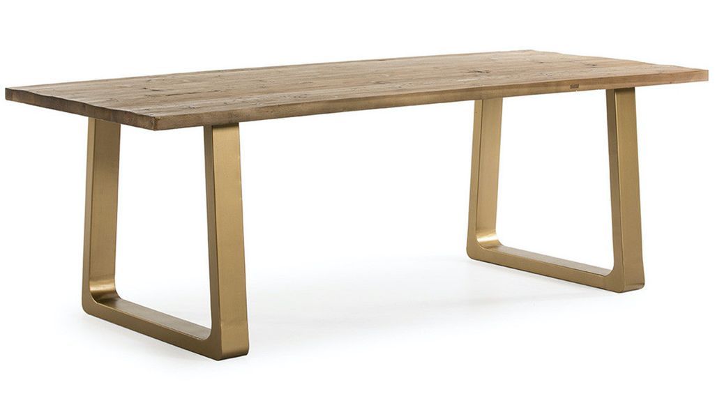 Table à manger bois massif clair et pieds métal doré 220 cm - Photo n°1