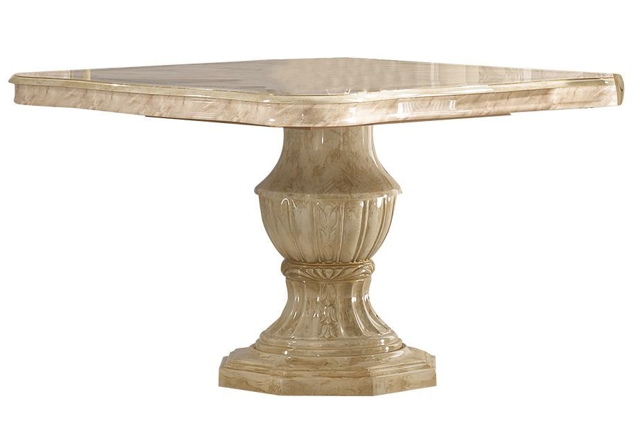 Table à manger carrée extensible bois vernis laqué brillant beige et onyx effet marbré Lesly 120 à 165 cm - Photo n°1
