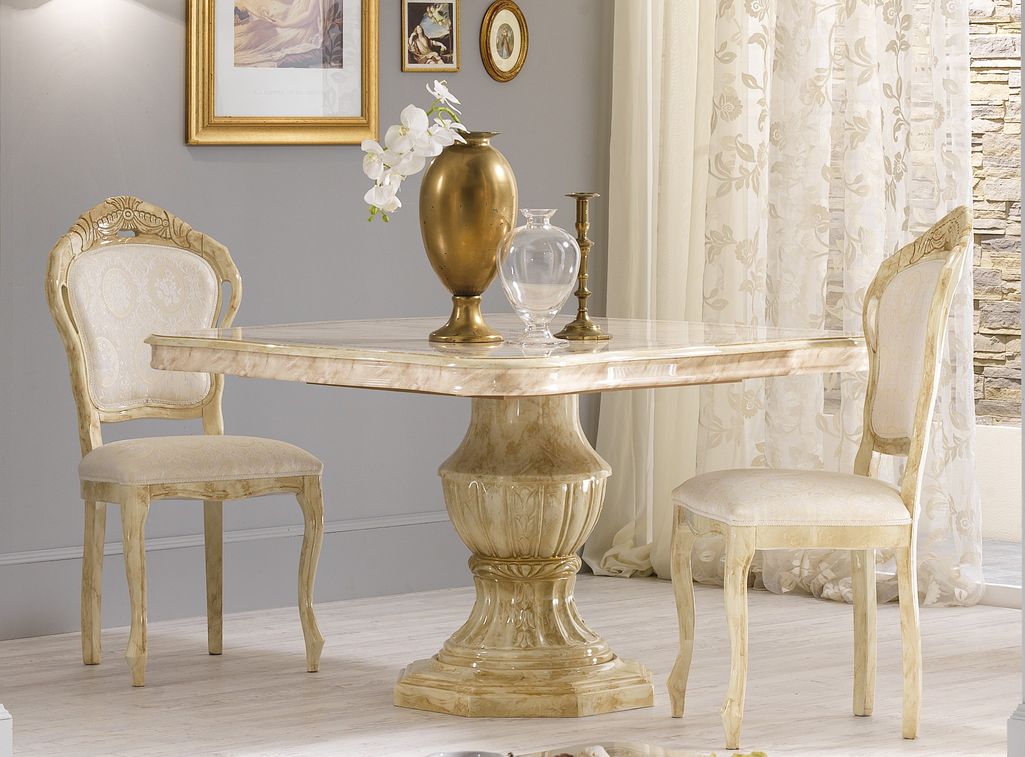Table à manger carrée extensible bois vernis laqué brillant beige et onyx effet marbré Lesly 120 à 165 cm - Photo n°2