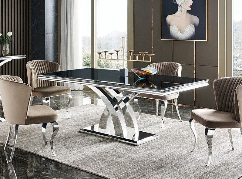Table à manger design acier inoxydable poli et verre trempé noir Milla 180 cm - Photo n°1