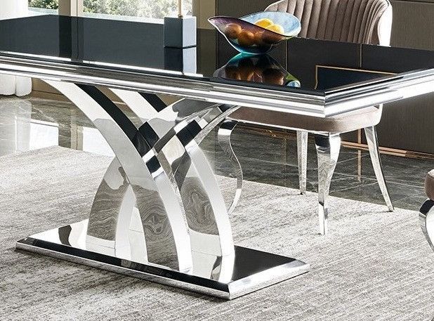Table à manger design acier inoxydable poli et verre trempé noir Milla 180 cm - Photo n°2