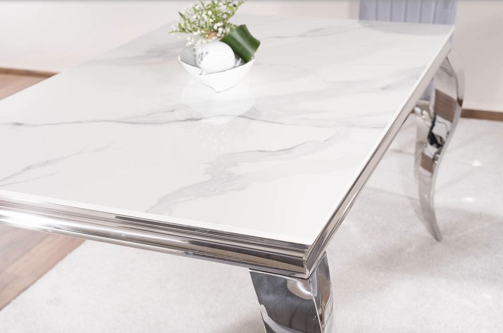 Table à manger design baroque ceramique blanc effet marbre et acier chromé Boza 180 cm - Photo n°3