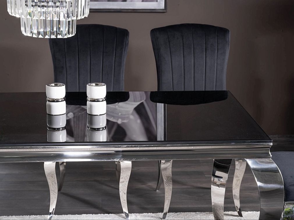 Table à manger design baroque verre trempé noir et acier chromé Boza 180 cm - Photo n°5