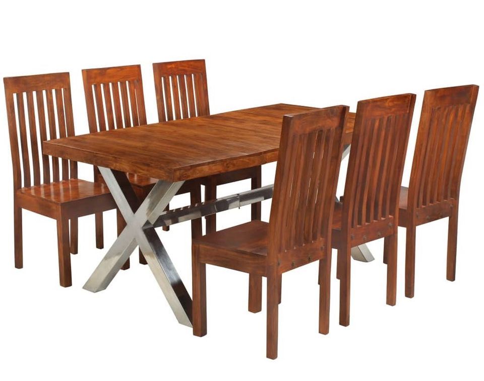 Table à manger et 6 Chaises bois d'acacia acier inoxydable Lavina - Photo n°1