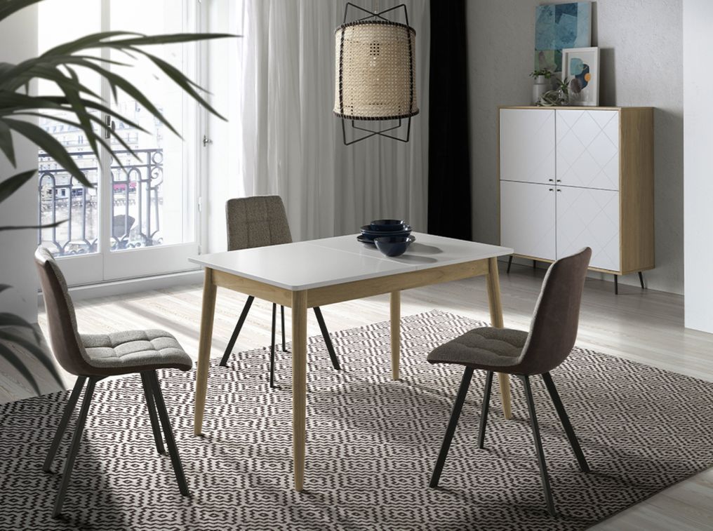 Table à manger extensible blanc mat et bois de chêne Lukan 120 à 160 cm - Photo n°2
