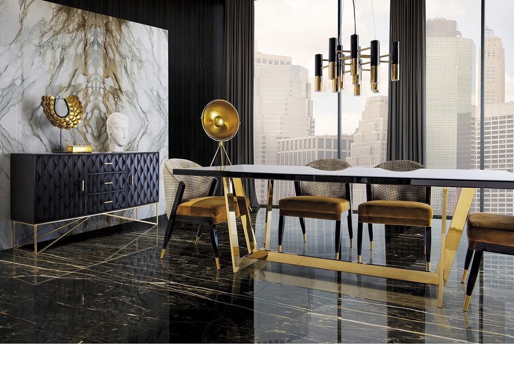 Table à manger design pieds acier doré et plateau miroir noir Oliva 200 cm - Photo n°3
