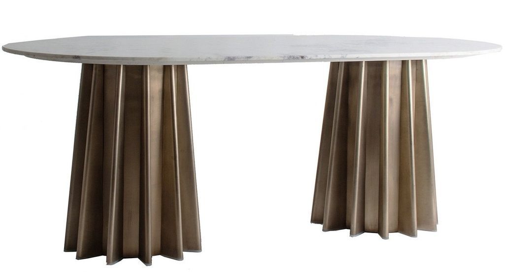 Table à manger ovale design marbre blanc et pied acier doré mat Mensa 200 cm - Photo n°1