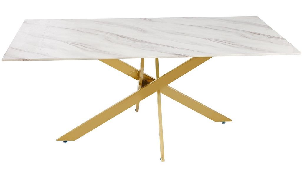 Table à manger plateau en verre effet marbre et pieds métal doré Leana 180 cm - Photo n°1