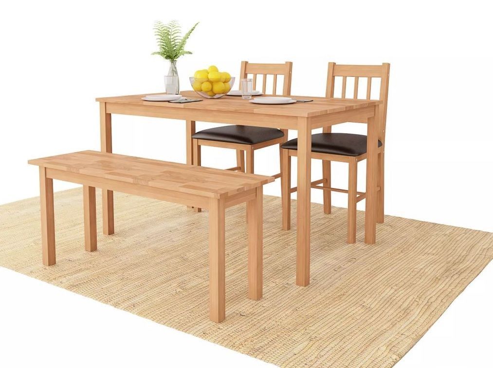 Table à manger rectangulaire avec 2 chaises et banc chêne massif Pannos - Photo n°1