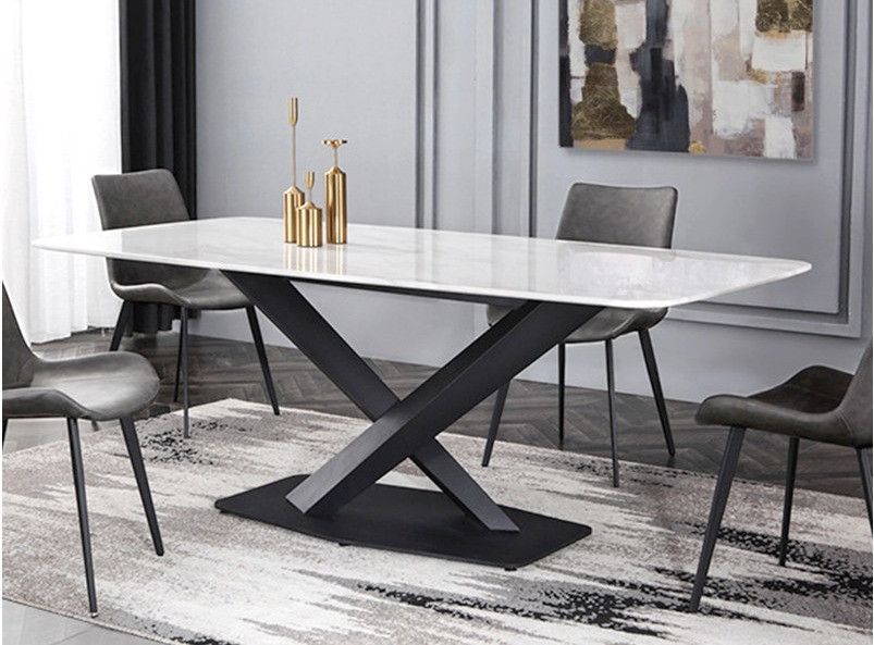Table à manger rectangulaire effet marbre blanc et acier noir Ivania 160 cm - Photo n°5