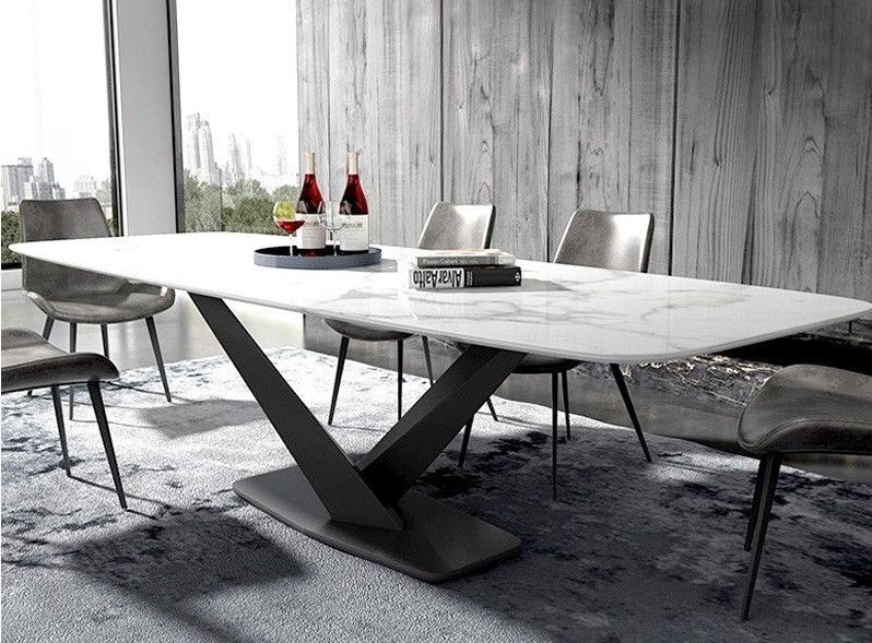Table à manger rectangulaire effet marbre blanc et acier noir
