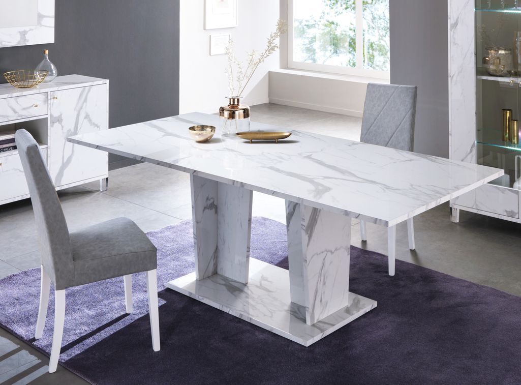 Table à manger rectangulaire extensible bois blanc effet marbre vernis Botela 180 à 225 cm - Photo n°2