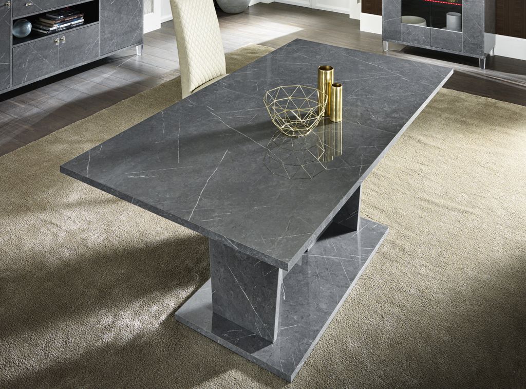 Table à manger rectangulaire extensible bois gris effet marbre vernis Botela 180 à 225 cm - Photo n°3